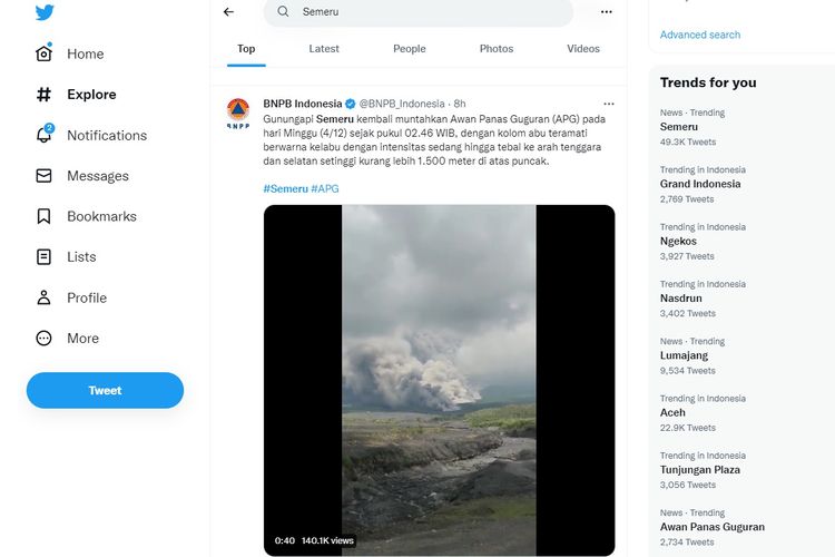 Topik perihal Semeru dan Lumajang menjadi trending topik di Twitter sejak Minggu (4/12/2022) siang.