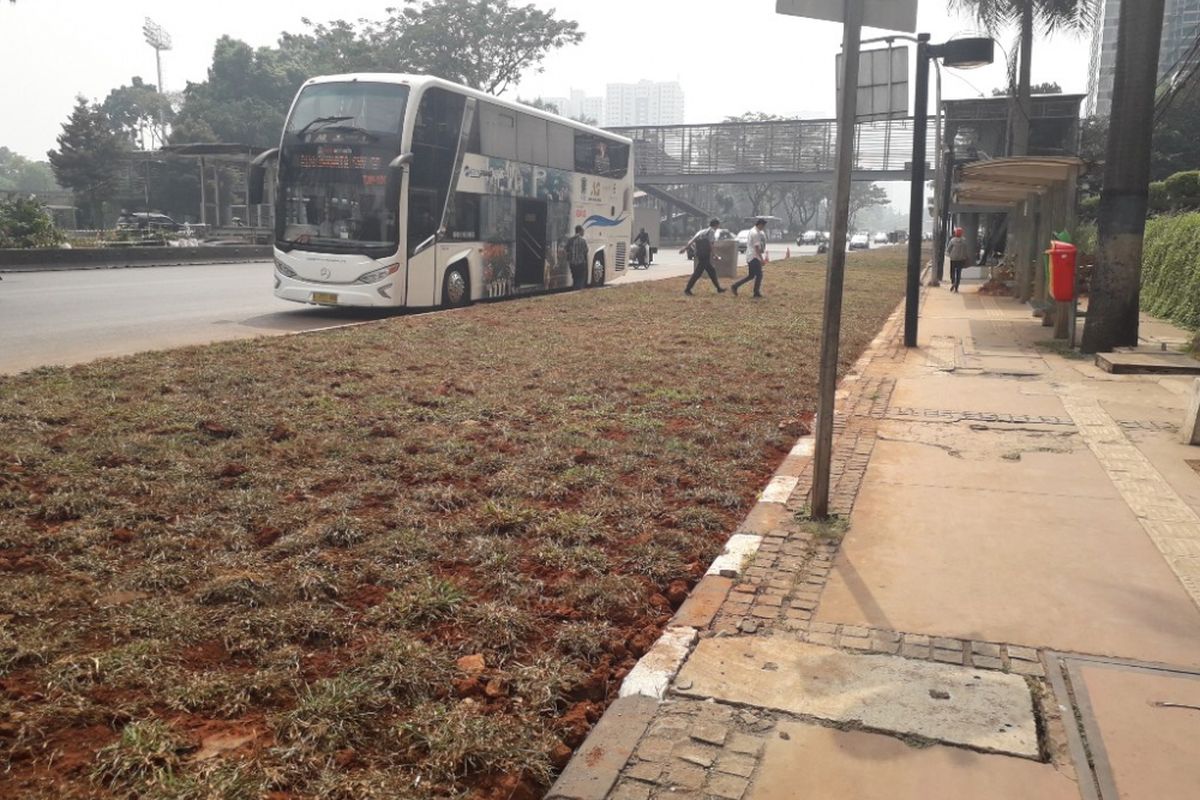 Dua orang penumpang bus nekat menyeberangu area rerumputan yang memisahkan halte bus di depan Gedung Graha CIMB Niaga, Senayan, dengan Jalan Jenderal Sudirman, Selasa (24/7/2018).