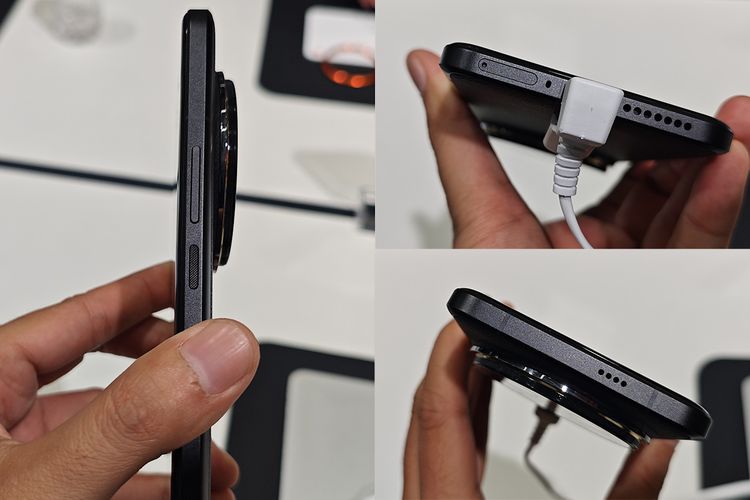Tampak samping Xiaomi 14 Ultra yang menunjukkan ukuran tebal modul kamera belakang (foto kiri), serta bagian bawah (foto kanan) dan atas. IR blaster masih ada, tapi dipindah ke modul kamera. 