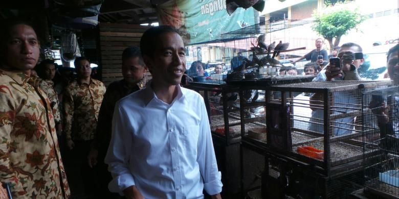 Presiden Joko Widodo melihat burung yang dijajakan di Pasar Burung Pramuka, Jakarta Timur, Sabtu (28/2/2015).