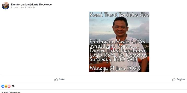Unggahan oleh akun Facebook Eventorganizerjakarta Kocekoce, yang ternyata hoaks.