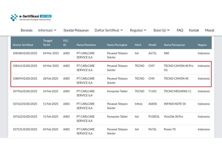 Camon 40 4G dan Camon 40 Pro 5G terdaftar di sertifikasi Postel.