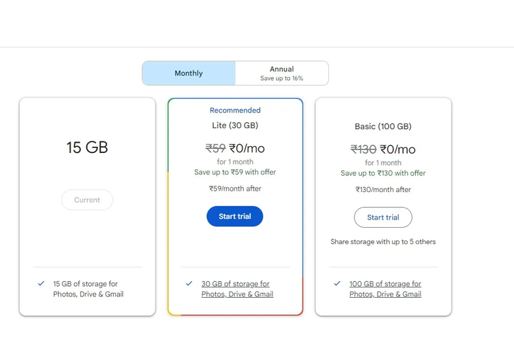 Perbandingan harga paket Google One Lite dan Google One Basic di India.