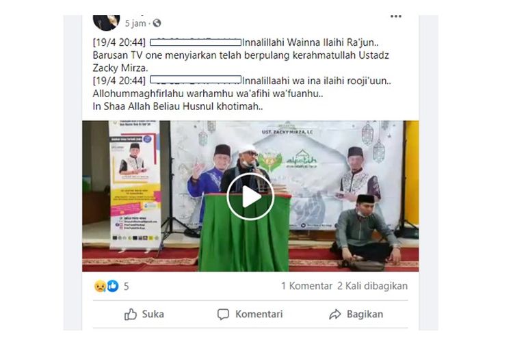 Tangkapan layar unggahan hoaks di Facebook berisi kabar Ustadz Zacky Mirza meninggal dunia