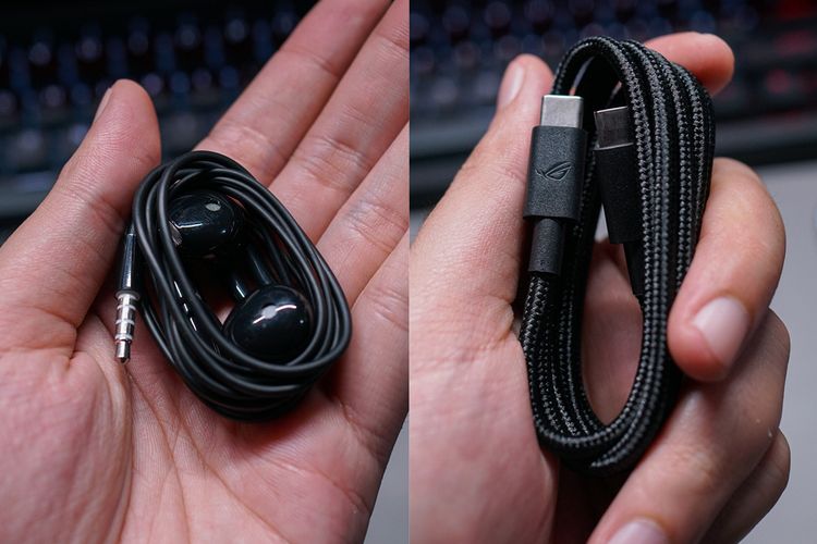Kabel pendamping charger (foto kanan) merupakan tipe braided dengan ujung konektor USB C ke USB C. Ada pula sebuah earphone atau headset dengan konektor jack audio 3,5mm
