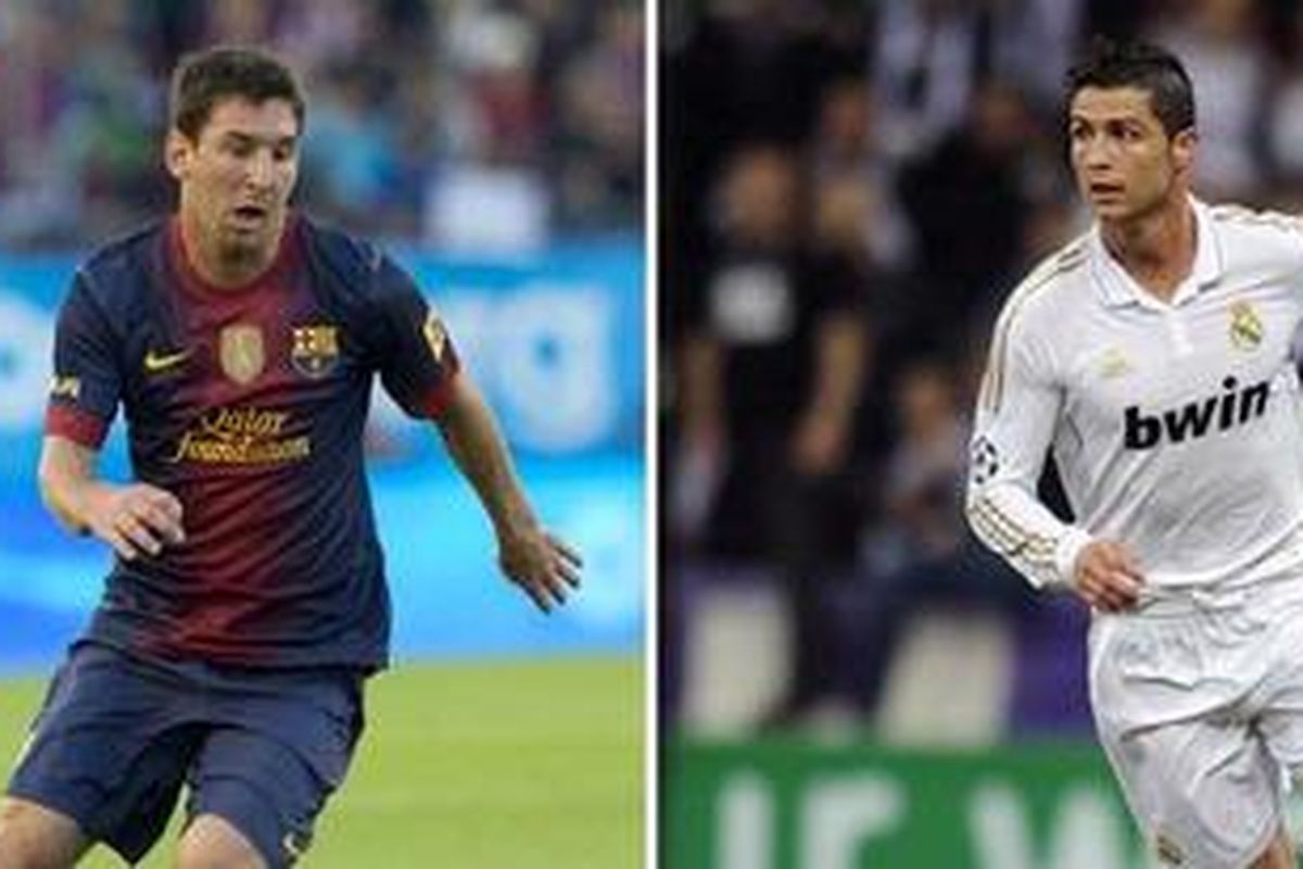 Striker Barcelona, Lionel Messi (kiri), dan bomber Real Madrid, Cristiano Ronaldo (kanan).