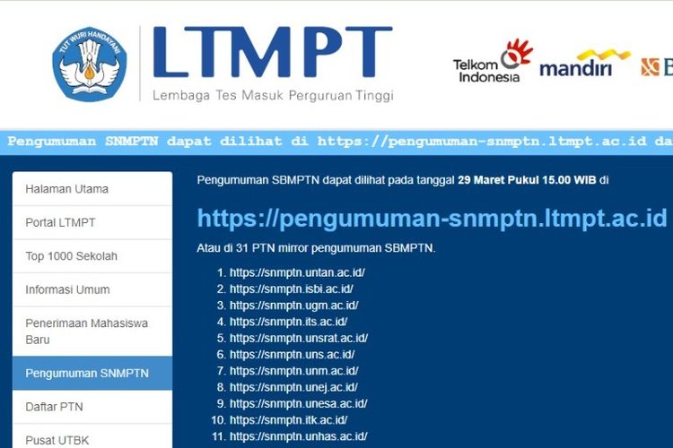 Link utama pengumuman SNMPTN 2022 dan 31 laman mirror pengumuman SNMPTN 2022.