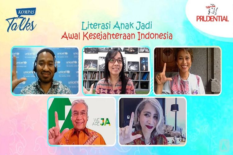 Para pembicara web seminar KompasTalks 'Literasi Anak Jadi Awal Kesejahteraan Indonesia' yang terdiri dari Chief Field Office Unicef wilayah Papua Aminuddin Ramdan (kiri atas), pegiat literasi sekaligus Pendiri Taman Bacaan Pelangi Nila Tanzil (kanan atas), Ketua Dewan PJI Siddharta Moersjid (kiri bawah), dan Sharia, Government Relations and Community Investment Director Prudential Indonesia Nini Sumohandoyo (kanan bawah). 