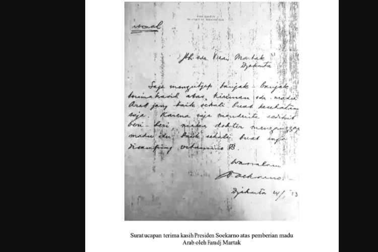 Surat ucapan terima kasih Presiden Soekarno atas pemberian madu Arab dari Faradj Martak
