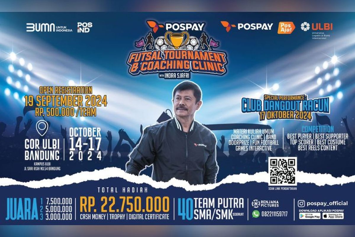 PT Pos Indonesia (Persero) atau PosIND akan menggelar Turnamen Futsal Pospay Cup dan coaching clinic bersama Indra Sjafri di Gedung Olahraga Universitas Logistik dan Bisnis Internasional (ULBI) Bandung, Jawa Barat, Senin (14/10/2024) hingga Kamis (17/10/2024). 