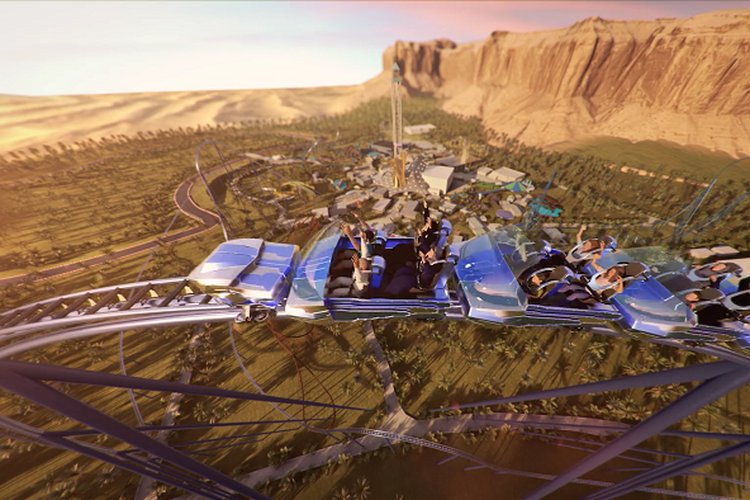Tangkapan layar rendering roller coaster Falcon's Flight di Six Flags Qiddiya, Arab Saudi (dok. https://content.sixflags.com/qiddiya/).