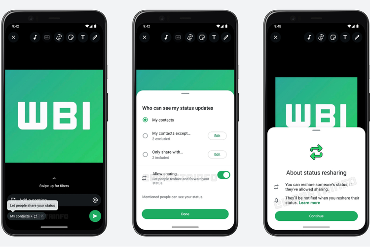 Bocoran tampilan bakal fitur baru WhatsApp (WA) yang diberi nama Reshare and Forward Status Updates. Fitur ini disebut memungkinkan pengguna untuk membagikan ulang WA Status orang lain ke pembaruan (update) status mereka. 
