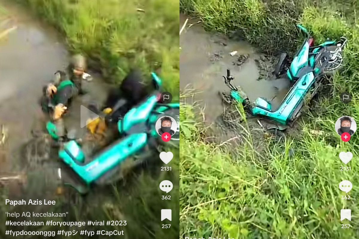 Potongan video dua bocah yang masuk ke sawah saat mengendarai sepeda listrik 