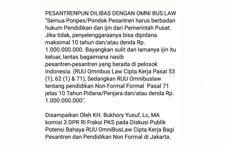 Status Facebook soal Omnibus Law UU Cipta Kerja mengatur status hukum dan izin pondok pesantren serta sanksi bagi pelanggar.