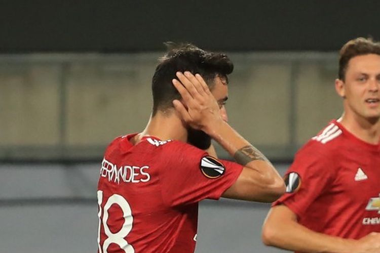 Ekspresi gelandang Manchester United, Bruno Fernandes, setelah mencetak gol ke gawang Copenhagen pada perempat final Liga Europa 2019-2020.