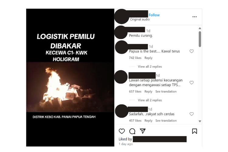 Tangkapan layar video pembakaran logistik Pemilu 2024 di Paniai, Papua Tengah