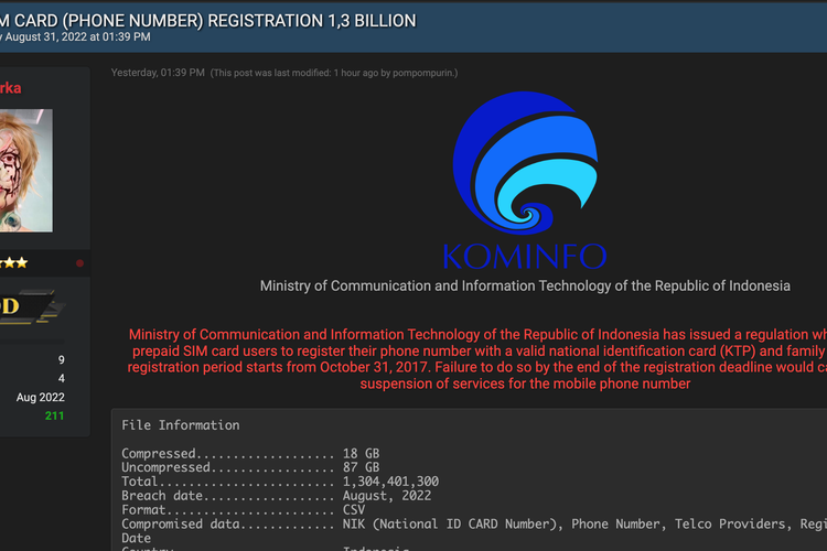 Ilustrasi kebocoran data SIM card 1,3 miliar nomor pengguna di Indonesia dan dijual Rp 745 juta di forum online.