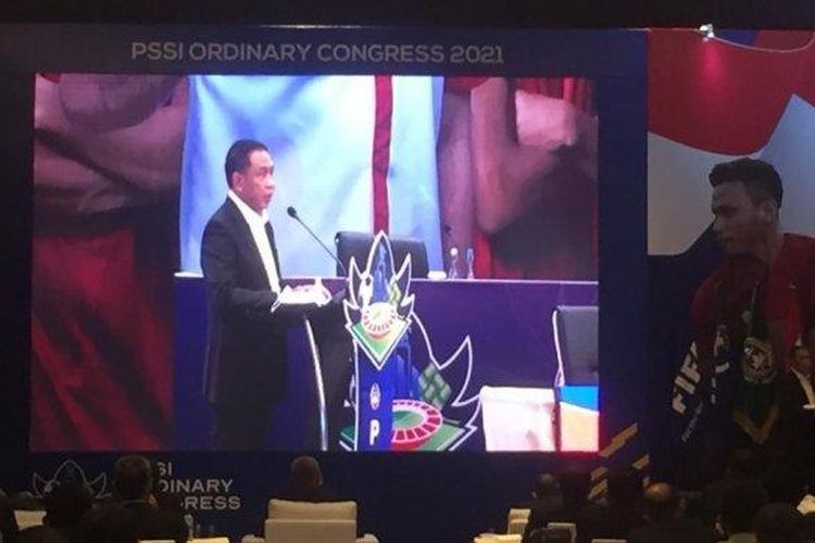 Menpora Zainudin Amali saat membuka Kongres Biasa PSSI di Hotel Raffles, Jakarta, pada Sabtu (19/5/2021).