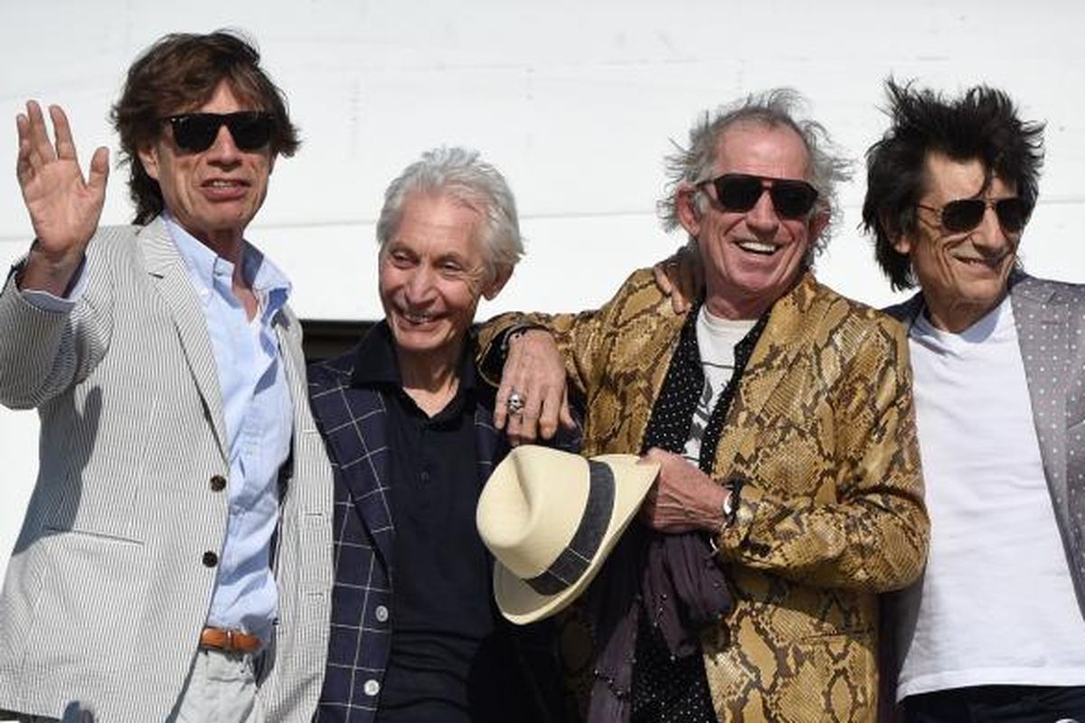 Band The Rolling Stones (dari kiri ke kanan) Mick Jagger, Charlie Watts, Keith Richards, dan Ron Wood, tiba di Montevideo, Uruguay, pada 1 Februari 2016. Band ini menggelar konser di negara itu sebagai bagian dari rangkaian America Latina Ole Tour mereka. 