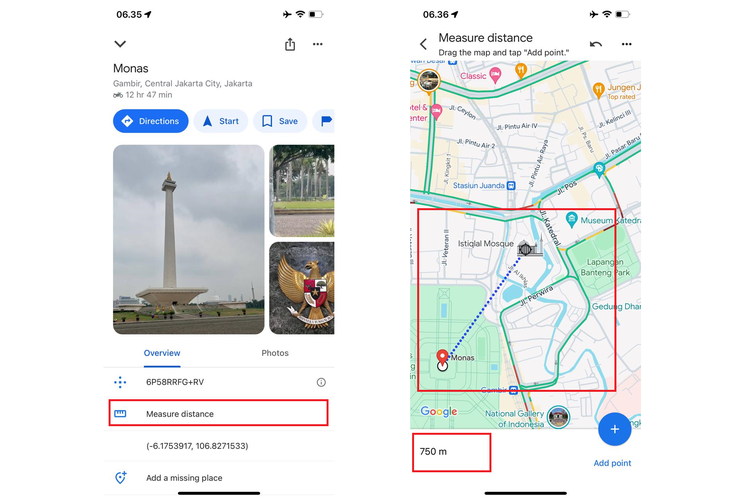 Ilustrasi cara mengukur jarak di Google Maps.
