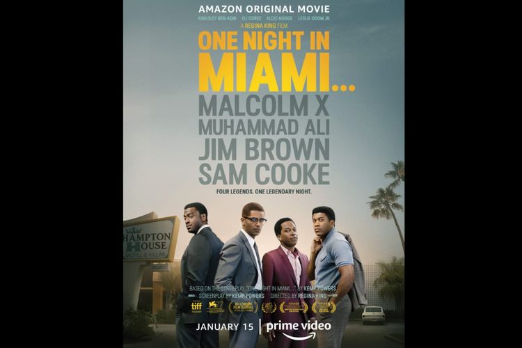 Aldis Hodge, Leslie Odom Jr., Eli Goree, dan Kingsley Ben-Adir dalam film One Night in Miami (2020).