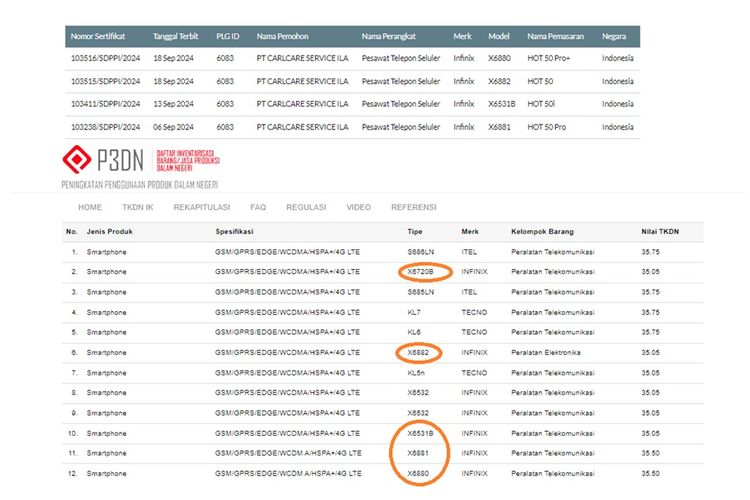 Lima nomor model smartphone Infinix Hot 50 series muncul di laman Postel dan TKDN