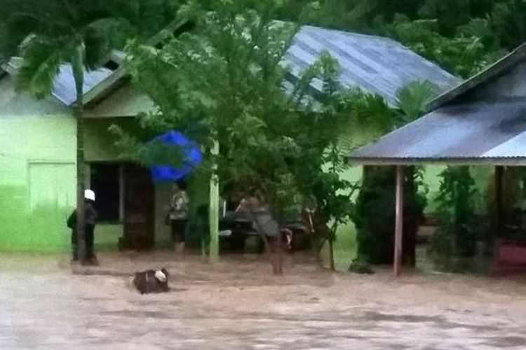 Kondisi banjir di Desa Tangga Barito Kabupaten Boalemo, Gorontalo yang mulai menyurut. 12 ekor ternak sapi hanyut terbawa banjir, kerugian mencapai ratusan juta rupiah.