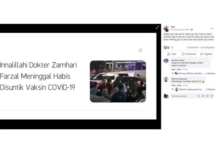 Tangkapan layar unggahan hoaks yang menyebut seorang dokter di Palembang meninggal dunia akibat vaksin Covid-19.