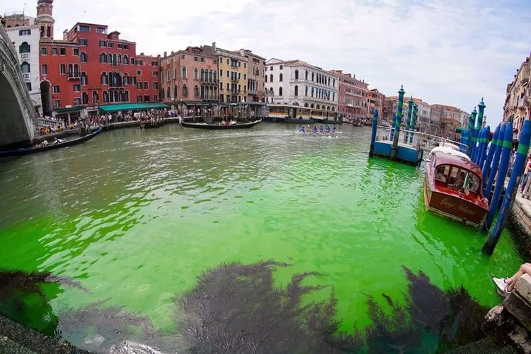 Air kanal di Venesia berubah menjadi hijau neon