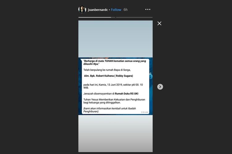 Bidik layar Instagram Story Juan Bernard, putra aktor senior Robby Sugara, yang mengabarkan bahwa ayahnya meninggal dunia, Kamis (13/6/2019).