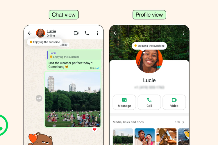 Ilustrasi tampilan dari fitur About di ruang obrolan dan akun profil WhatsApp