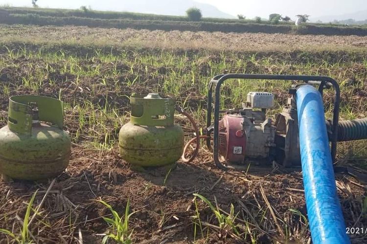 Mesin pompa air milik M Nur Hayyin, petani asal Jember, saat mengairi sawah memanfaatkan gas LPG 3 Kg sebagai bahan bakar 