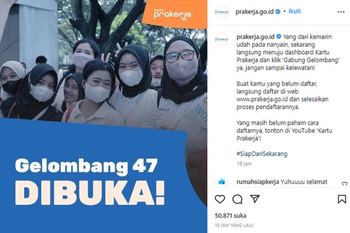 Tangkapan layar unggahan instagram tentang Prakerja gelombang 47