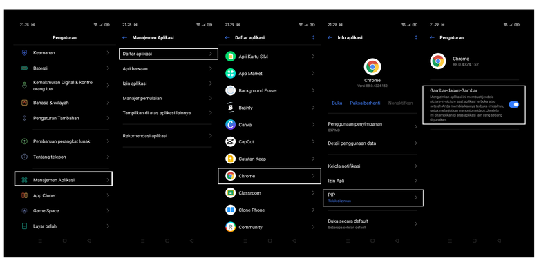 Langkah-langkah mengaktifkan fitur PiP pada Chrome di Android 10.