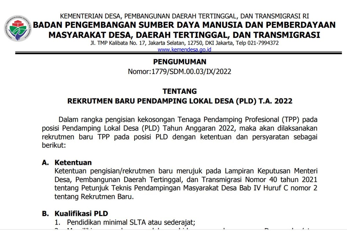 Kementerian Desa PDTT membuka lowongan kerja untuk lulusan SMA melalui program rekrutmen Pendamping Lokal Desa tahun 2022