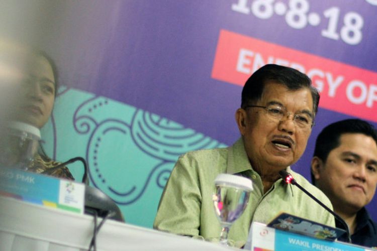 Wakil Presiden Jusuf Kalla, lega dengan pencapaian Inasgoc terkait sponsor untuk Asian Games 2018.
