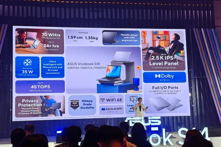 Spesifiasi dan fitur Asus Vivobook S14 Series versi Snapdragon X di Indonesia.