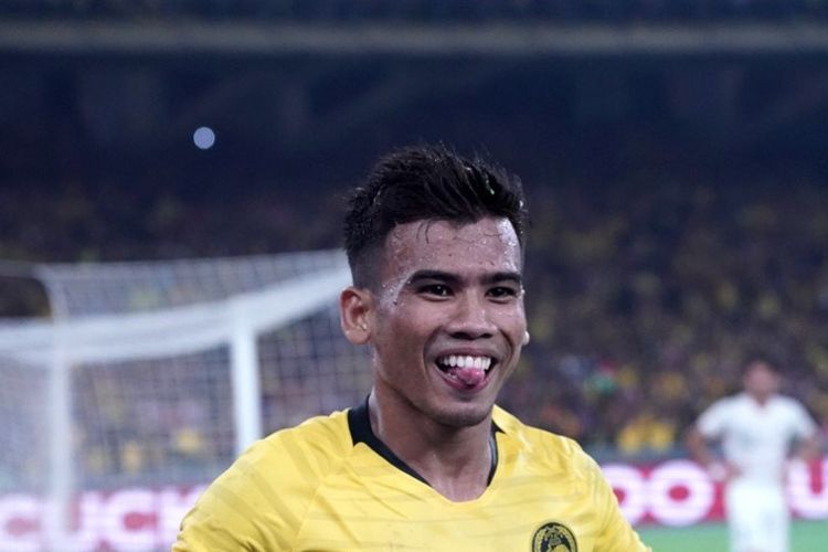 Selebrasi Safawi Rasid setelah mencetak gol pada laga Malaysia Vs Indonesia dalam lanjutan Kualifikasi Piala Dunia 2022 Grup G di Stadion Nasional Bukit Jalil, Selasa 19 November 2019.