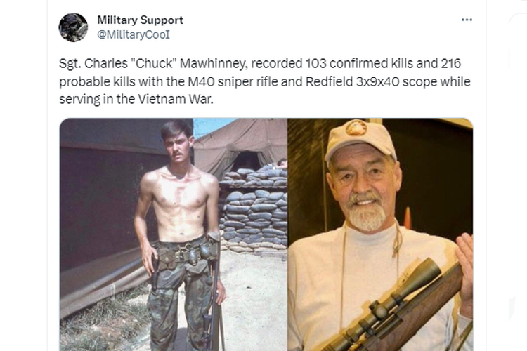 Tangkapan layar twit soal Charles Benjamin Chuck Mawhinney, sniper paling mematikan dalam sejarah Marinir AS