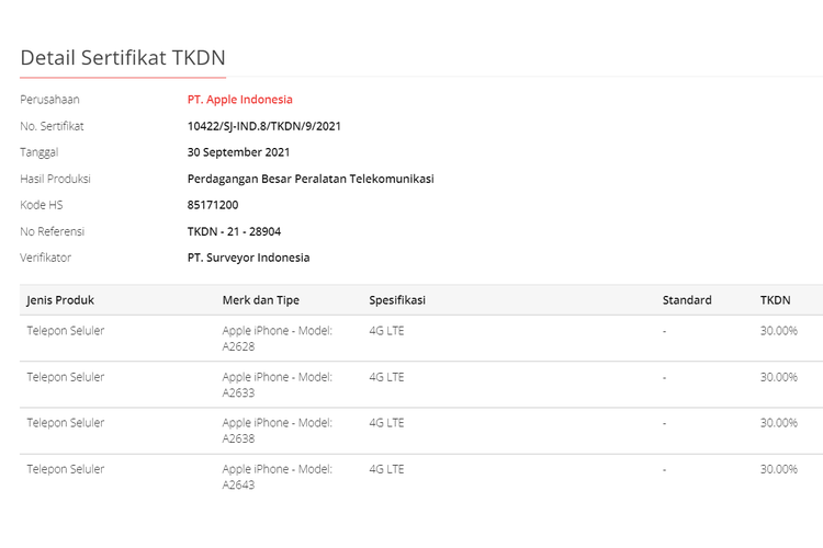 Sertifikat TKDN untuk empat iPhone terbaru, yang diduga sebagai iPhone 13, yang bakal masuk Indonesia.