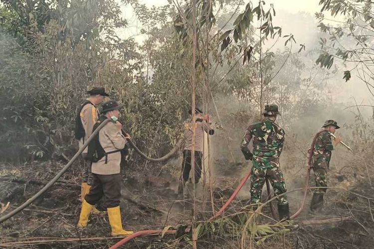 Petugas memadamkan api karhutla di Kelurahan Pelintung, Kecamatan Medang Kampai, Kota Dumai, Riau, Minggu (23/4/2023).
