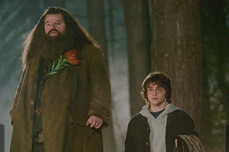 Robbie Coltrane sebagai Hagrid bersama Daniel Radcliffe dalam film Harry Potter and The Goblet of Fire. Robbie Coltrane meninggal dunia dalam usia 72 tahun, Jumat (14/10/2022).