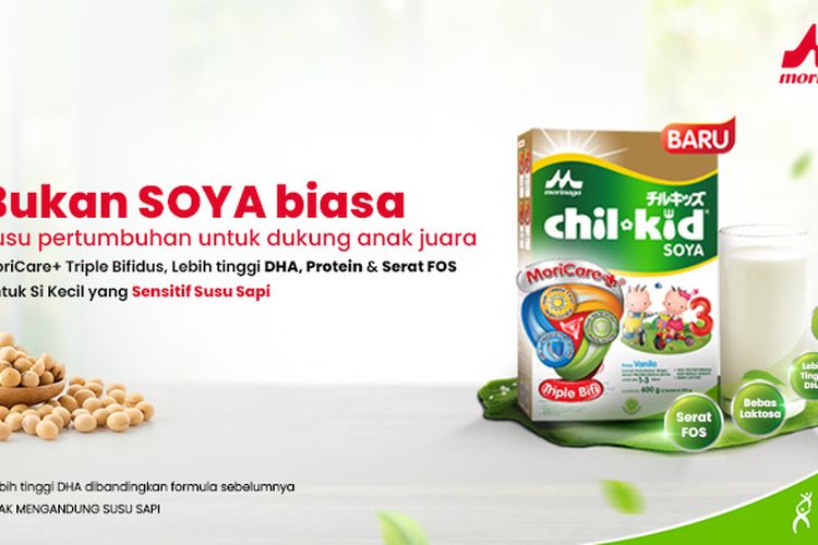 Morinaga Chil Kid Soya hadir dengan MoriCare+ Triple Bifidus, tinggi protein soya, serta serat pangan FOS.
