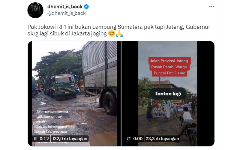 Tangkapan layar twit bernarasi Jalan Pantai Utara (Pantura) Juwana, Kabupaten Pati, Jawa Tengah disebut rusak parah.