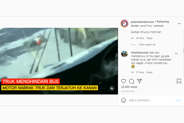 Video kecelakaan melibatkan bus dan sepeda motor viral di media sosial.