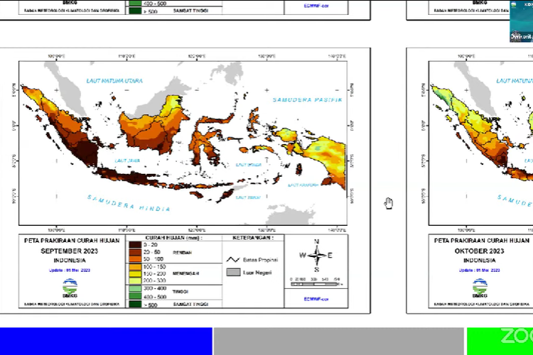 Peta wilayah perkiraan curah hujan bulan September 2023 yang diprediksi sebagai puncah curah hujan terendah oleh BMKG, Selasa (6/6/2023).