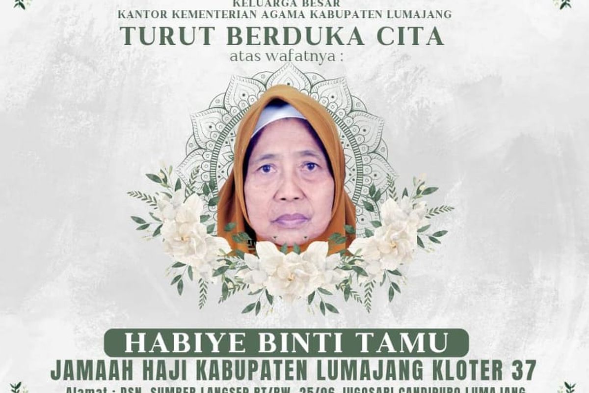 Flyer ucapan duka cita untuk almarhumah Habiye, jemaah haji asal Lumajang, Jawa Timur