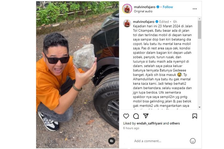 Lewat akun Instagram pribadinya, Malvino Fajaro menceritakan bagian depan mobilnya, yaitu Toyota Rush yang rusak akibat dihantam batu besar.