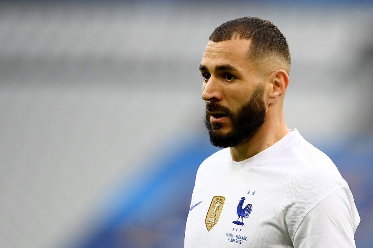 Penyerang timnas Perancis Karim Benzema saat berlaga pada laga persahabatan kontra Bulgaria di Stade de France pada Selasa (8/6/2021)