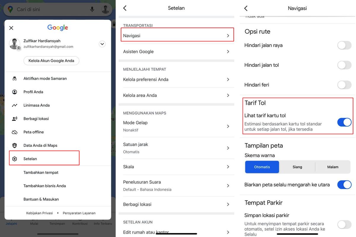 Ilustrasi cara mengaktifkan tarif tol Google Maps di iPhone